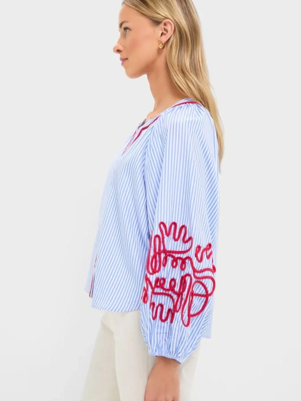 NWT Hyacinth House Tuckernuck Blouse Blue Stripe Red Embroidery Size Large - Picture 4 of 7